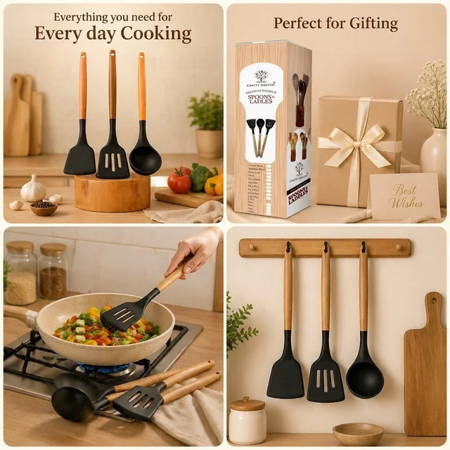 Silicone Spatula Set for Kitchen Ideal for Non-Stick Cooking Pans Ladles Natural Acacia Hard Wood Handle Turner Serving Cooking Spoon for Omelet Egg Dosa chapati Set of 3 (Black) - Standerd, Black