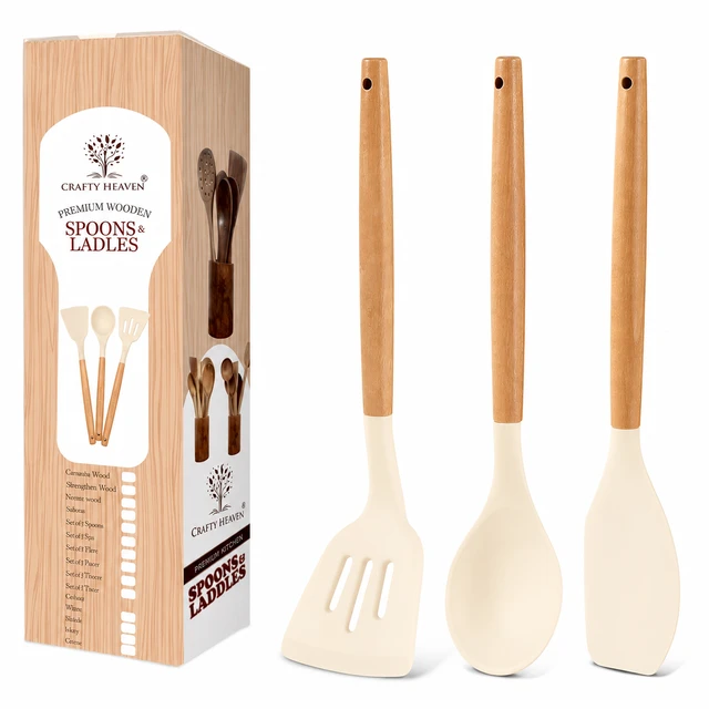 Silicone Spatula Set for Kitchen Ideal for Non-Stick Cooking Pans Ladles Natural Acacia Hard Wood Handle Turner Serving Cooking Spoon for Omelet Egg Dosa chapati Set of 3 (Ivory)