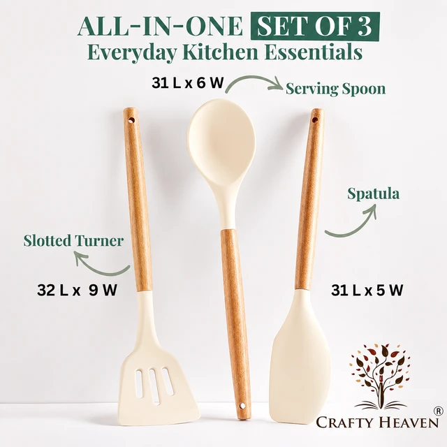 Silicone Spatula Set for Kitchen Ideal for Non-Stick Cooking Pans Ladles Natural Acacia Hard Wood Handle Turner Serving Cooking Spoon for Omelet Egg Dosa chapati Set of 3 (Ivory) - Standard, Ivory