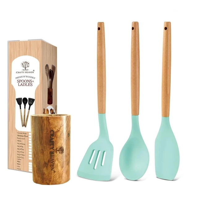 Silicone Spatula Set for Kitchen Ideal for Non-Stick Cooking Pans Ladles Natural Acacia Hard Wood Handle Turner Serving Cooking Spoon for Omelet Dosa chapati with Wooden Holder Set of 4 (Mint Green)