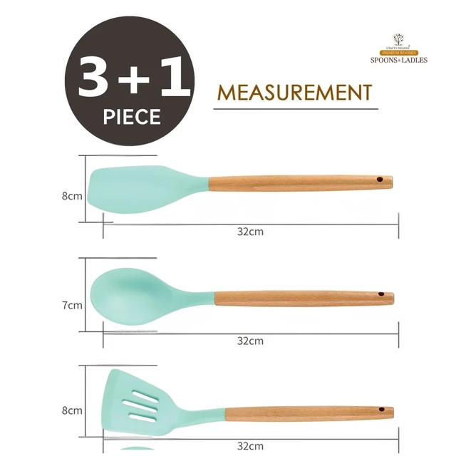 Silicone Spatula Set for Kitchen Ideal for Non-Stick Cooking Pans Ladles Natural Acacia Hard Wood Handle Turner Serving Cooking Spoon for Omelet Dosa chapati with Wooden Holder Set of 4 (Mint Green) - Standard, Mint Green