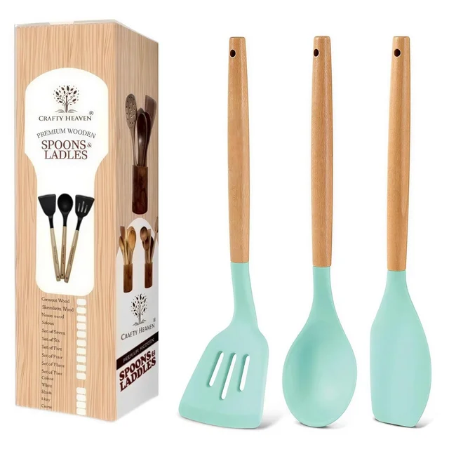 Silicone Spatula Set for Kitchen Ideal for Non-Stick Cooking Pans Ladles Natural Acacia Hard Wood Handle Turner Serving Cooking Spoon for Omelet Egg Dosa chapati Set of 3 (Mint Green)