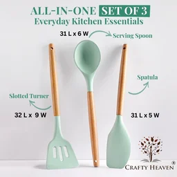 Silicone Spatula Set for Kitchen Ideal for Non-Stick Cooking Pans Ladles Natural Acacia Hard Wood Handle Turner Serving Cooking Spoon for Omelet Egg Dosa chapati Set of 3 (Mint Green) - Standard, Mint Green