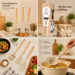 Silicone Spatula Set for Kitchen Ideal for Non-Stick Cooking Pans Ladles Natural Acacia Hard Wood Handle Turner Serving Cooking Spoon for Omelet Egg Dosa chapati Set of 3 (Cream) - Standard, Cream