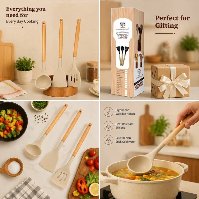 Silicone Spatula Set for Kitchen Ideal for Non-Stick Cooking Pans Ladles Natural Acacia Hard Wood Handle Turner Serving Cooking Spoon for Omelet Egg Dosa chapati Set of 3 (Cream) - Standard, Cream