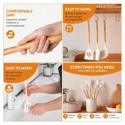 Silicone Spatula Set for Kitchen Ideal for Non-Stick Cooking Pans Ladles Natural Acacia Hard Wood Handle Turner Serving Cooking Spoon for Omelet Egg Dosa chapati Set of 3 (White) - Standard, White