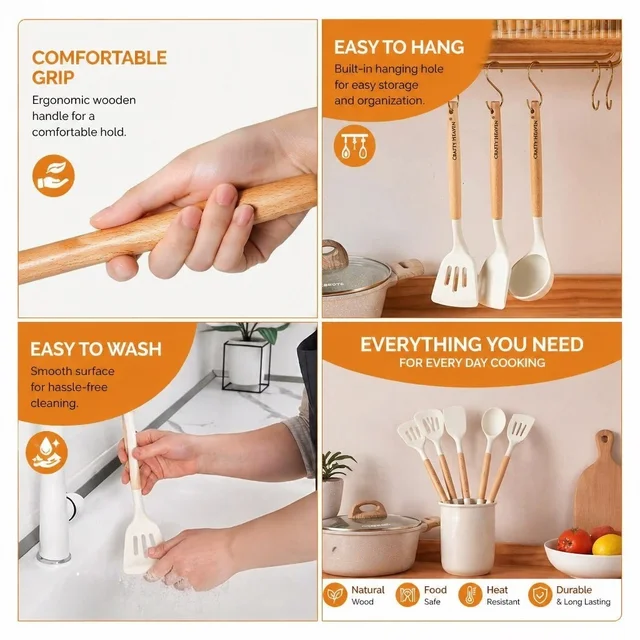 Silicone Spatula Set for Kitchen Ideal for Non-Stick Cooking Pans Ladles Natural Acacia Hard Wood Handle Turner Serving Cooking Spoon for Omelet Egg Dosa chapati Set of 3 (White) - Standard, White