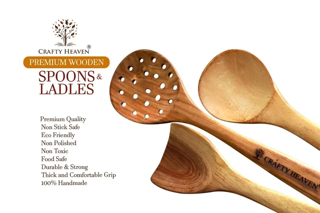 CRAFTY HEAVEN Natural Handmade Cooking Spoon Neem Wood Utensils with Holder Kitchen Tools Gift Set Of 7 - Standard, Brown