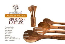 CRAFTY HEAVEN Natural Handmade Cooking Spoon Sheesham Wood Utensils with Holder and Oil Spreader Kitchen Tools Gift Set Of 8 - Standard, Brown