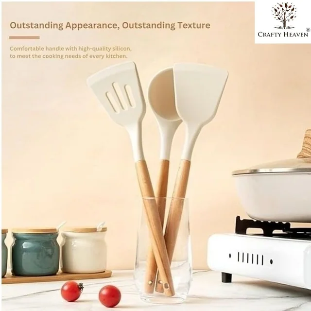 Silicone Spatula Set for Kitchen Ideal for Non-Stick Cooking Pans Ladles Natural Acacia Hard Wood Handle Turner Serving Cooking Spoon for Omelet Egg Dosa chapati Set of 3 (White) - Standard, White
