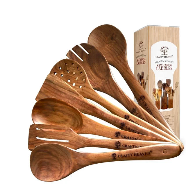CRAFTY HEAVEN Natural Handmade Cooking Spoon Sheesham Wood Utensils Kitchen Tools Gift Set Of 7