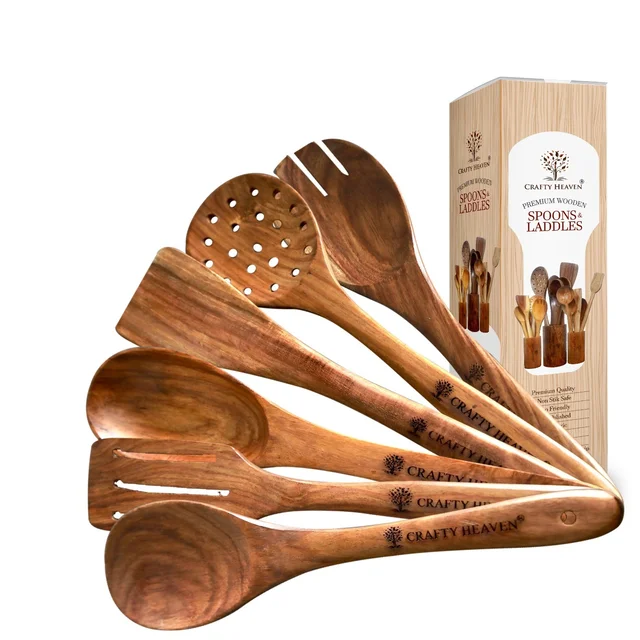 CRAFTY HEAVEN Natural Handmade Cooking Spoon Sheesham Wood Utensils Kitchen Tools Gift Set Of 6