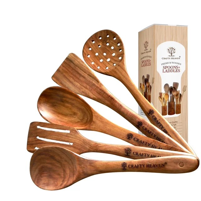 CRAFTY HEAVEN Natural Handmade Cooking Spoon Sheesham Wood Utensils Kitchen Tools Gift Set Of 5