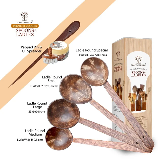 CRAFTY HEAVEN Coconut Wooden Spoons, Ladles & Spatula Kitchen Tools Dosa Appam Set Of 6 - Standard, Brown