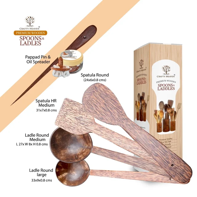CRAFTY HEAVEN Coconut Wooden Spoons, Ladles & Spatula Kitchen Tools Tavi Dosa Appam Set Of 6 - Standard, Brown
