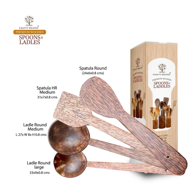 CRAFTY HEAVEN Coconut Wooden Spoons, Ladles & Spatula Thavi Kitchen Tools Dosa Appam Set Of 4 - Standard, Brown