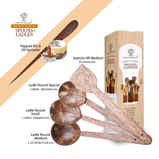 CRAFTY HEAVEN Coconut Wooden Spoons, Ladles & Spatula Kitchen Tools Dosa Appam Set Of 6 - Standard, Brown