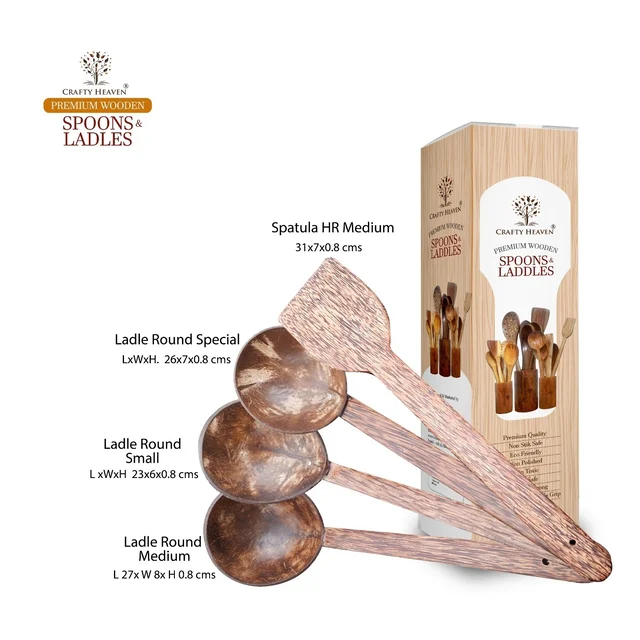 CRAFTY HEAVEN Coconut Wooden Spoons, Ladles & Spatula Kitchen Tools Thavi Dosa Appam Set Of 4 - Standard, Brown