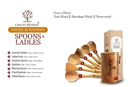 CRAFTY HEAVEN Natural Handmade Cooking Spoon Neem Wood Utensils with Holder Kitchen Tools Gift Set Of 7 - Standard, Brown