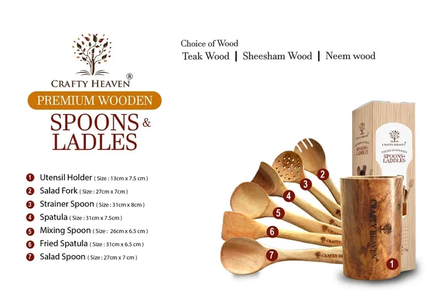 CRAFTY HEAVEN Natural Handmade Cooking Spoon Neem Wood Utensils with Holder Kitchen Tools Gift Set Of 7 - Standard, Brown