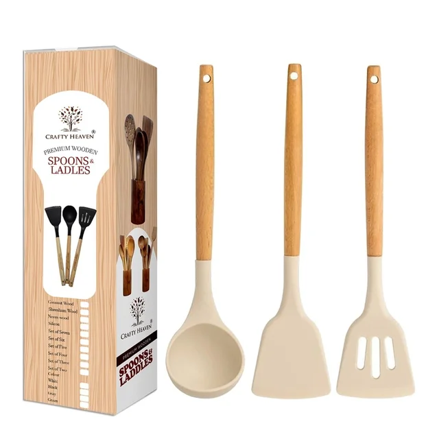 Silicone Spatula Set for Kitchen Ideal for Non-Stick Cooking Pans Ladles Natural Acacia Hard Wood Handle Turner Serving Cooking Spoon for Omelet Egg Dosa chapati Set of 3 (Cream)