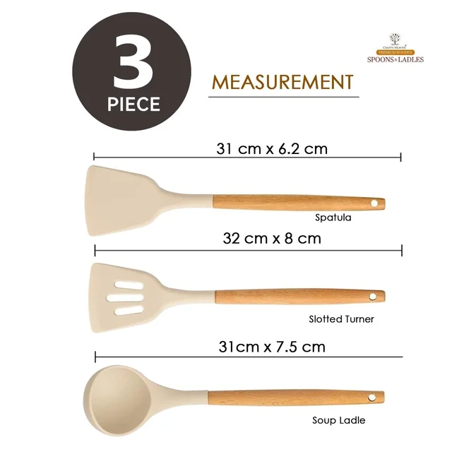 Silicone Spatula Set for Kitchen Ideal for Non-Stick Cooking Pans Ladles Natural Acacia Hard Wood Handle Turner Serving Cooking Spoon for Omelet Egg Dosa chapati Set of 3 (Cream) - Standard, Cream