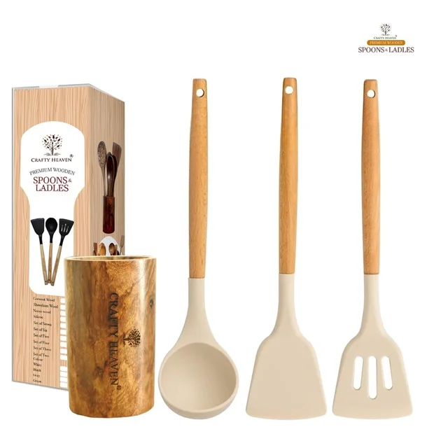 Silicone Spatula Set for Kitchen Ideal for Non-Stick Cooking Pans Ladles Natural Acacia Hard Wood Handle Turner Serving Cooking Spoon for Omelet Egg Dosa chapati Set of 4 (Cream)