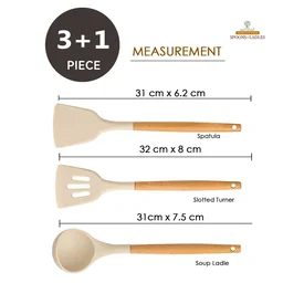 Silicone Spatula Set for Kitchen with Wooden Holder Ideal for Non-Stick Cooking Pans Ladles Natural Acacia Hard Wood Handle Turner Serving Cooking Spoon for Omelet Egg Dosa chapati Set of 4 (Cream) - Standard, Cream