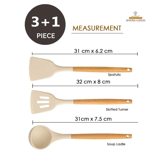 Silicone Spatula Set for Kitchen with Wooden Holder Ideal for Non-Stick Cooking Pans Ladles Natural Acacia Hard Wood Handle Turner Serving Cooking Spoon for Omelet Egg Dosa chapati Set of 4 (Cream) - Standard, Cream