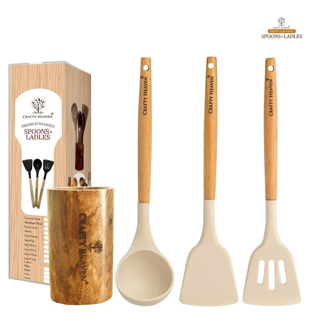 Silicone Spatula Set for Kitchen Ideal for Non-Stick Cooking Pans Ladles Natural Acacia Hard Wood Handle Turner Serving Cooking Spoon for Omelet Egg Dosa chapati Set of 4 (White)