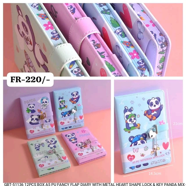 PANDA A5 PU FLAP DIARY METAL HEART WITH LOCK
