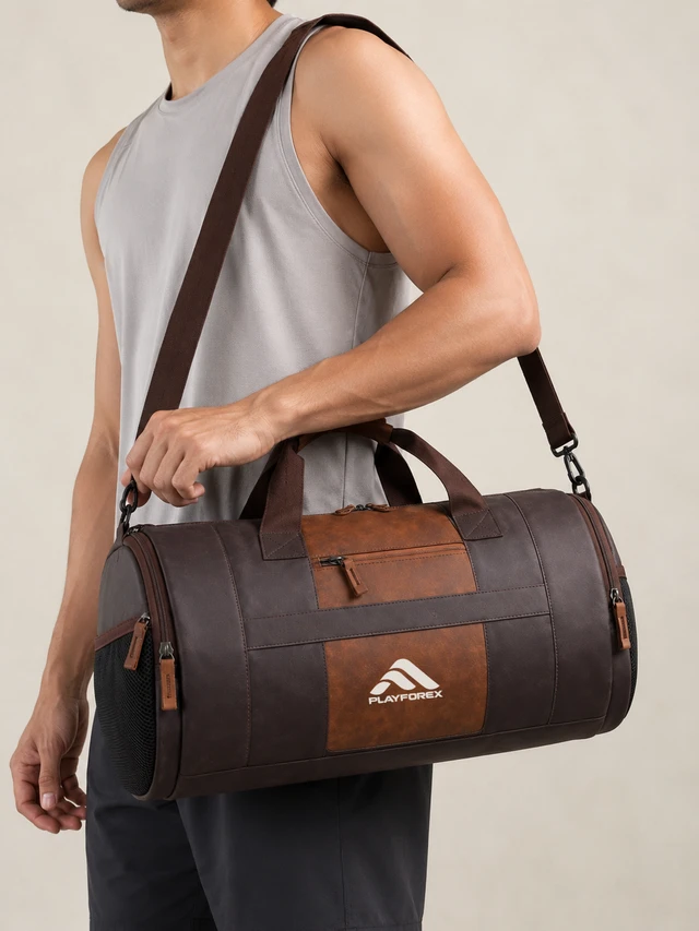 Playforex Cross Training 9"/29L Faux Leather Large Water Resistant Duffle Bag/Travel Bag/Gym Bag for Men & Women (Brown)