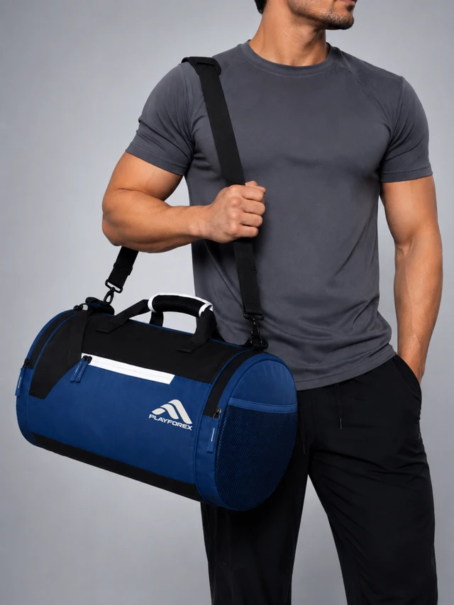 Playforex Training 9"/29L Large Water Resistant Duffle Bag | Travel Bag | Gym Bag for Men & Women (Black - Blue))