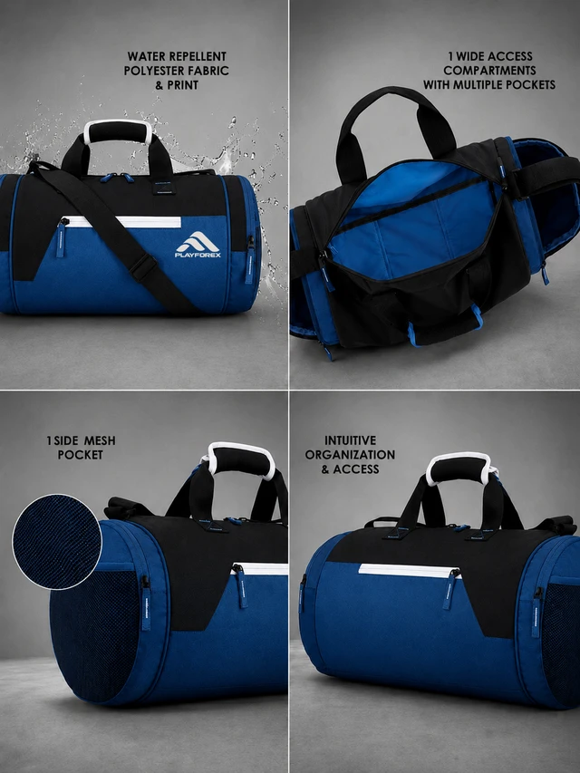 Playforex Training 9"/29L Large Water Resistant Duffle Bag | Travel Bag | Gym Bag for Men & Women (Black - Blue))
