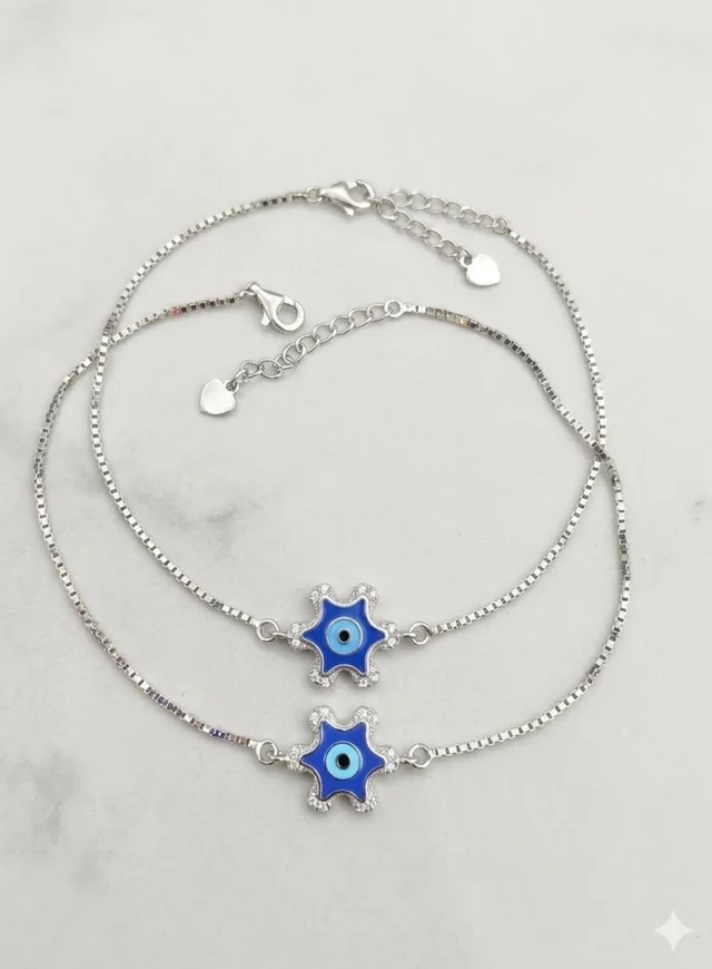 Silver Evil Eye Star Anklet pair