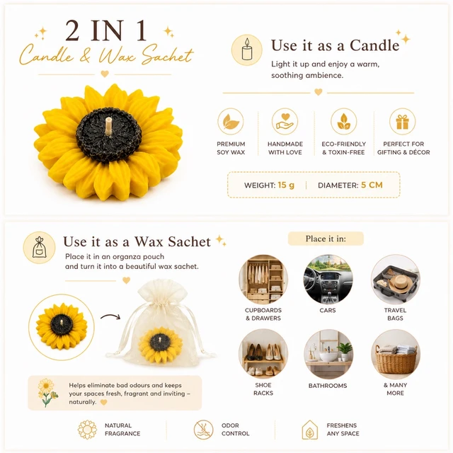 Clara Sunflower Soy Wax Candle – 15g | Premium Scented Floral Candle & Wax Sachet