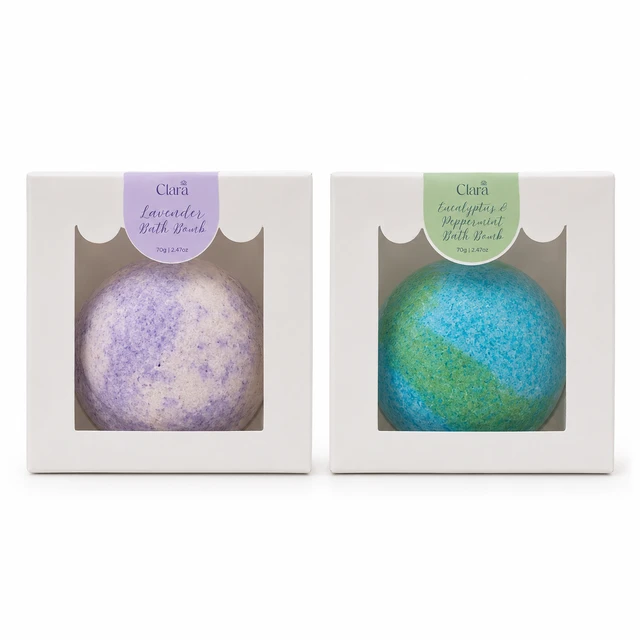 Clara Bath Bomb Duo (2 × 70 g) Eucalyptus & Peppermint + Lavender