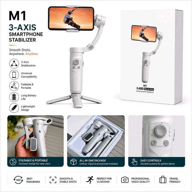 M1 3-Axis Smartphone Gimbal Stabilizer – Handheld Mobile Phone Video Stabilizer