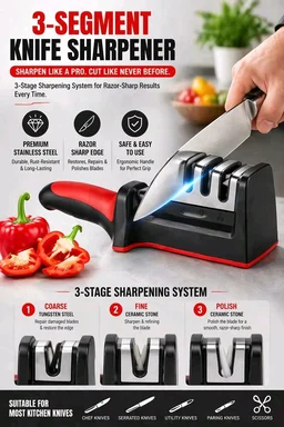 3-Stage Professional Knife Sharpener – Fast, Safe & Easy Kitchen Knife Sharpening Tool