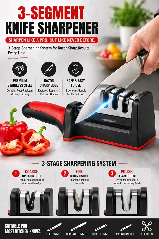 3-Stage Professional Knife Sharpener – Fast, Safe & Easy Kitchen Knife Sharpening Tool