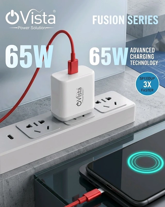 Ovista OVista Fusion Series 65W Fast Charger Adapter with Type-C Cable | Advanced Charging Technology, 4-Layer Multi-Protection, Universal Compatibility (White)
