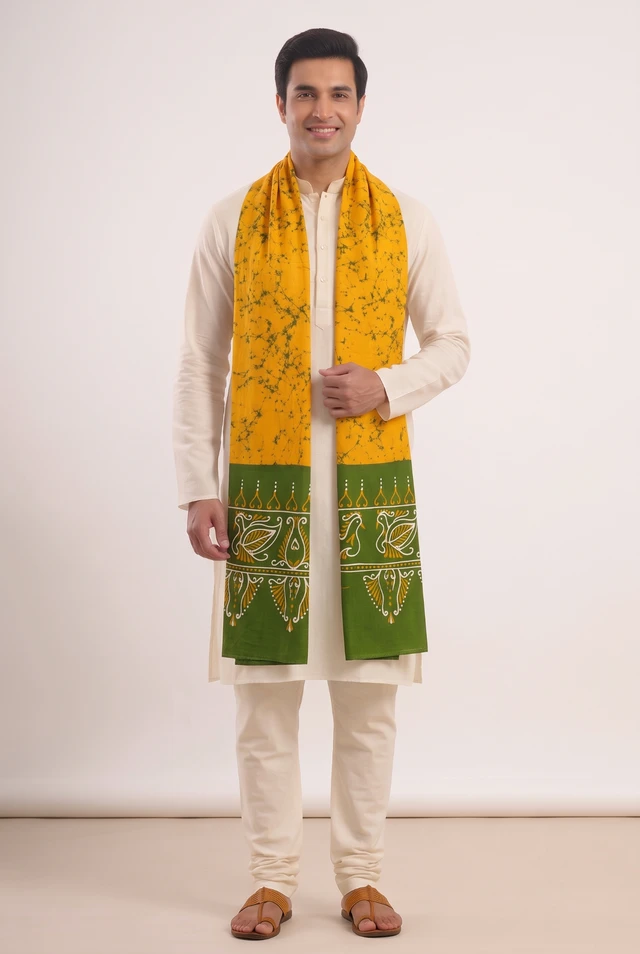 Shantiniketan Hand-Painted Batik Cotton Uttorio – Mustard Yellow & Olive Green