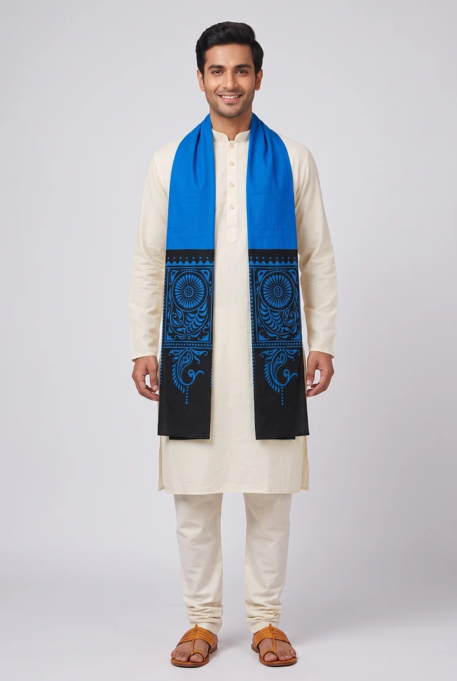 Shantiniketan Plain Batik Cotton Uttorio – Blue & Black