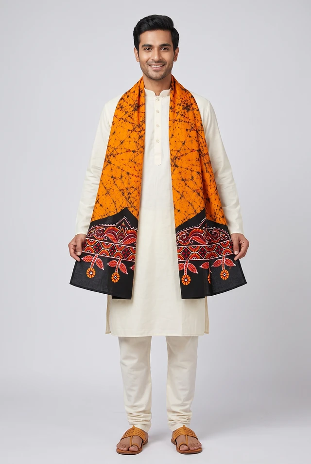 Shantiniketan Hand-Painted Batik Cotton Uttorio – Orange & Black