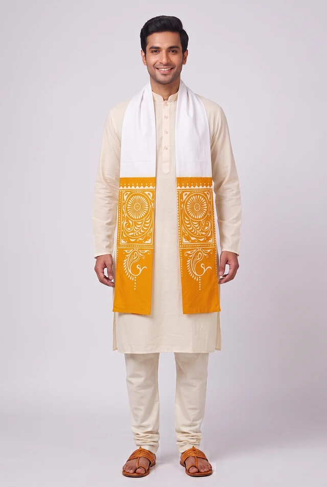 Shantiniketan Plain Batik Cotton Uttorio – White & Yellow