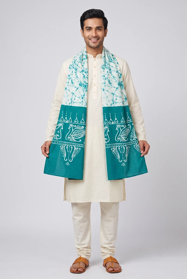 Shantiniketan Hand-Painted Batik Cotton Uttorio – White & Teal