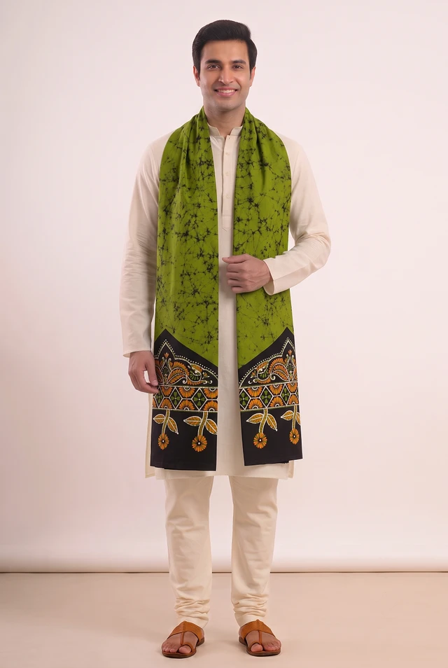 Shantiniketan Hand-Painted Batik Cotton Uttorio – Olive Green & Black