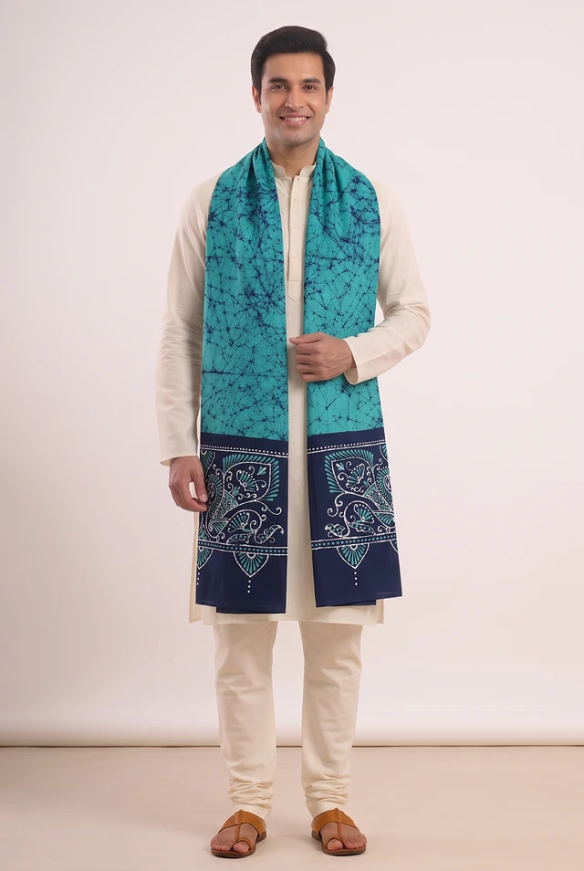Shantiniketan Hand-Painted Batik Cotton Uttorio – Teal & Navy Blue