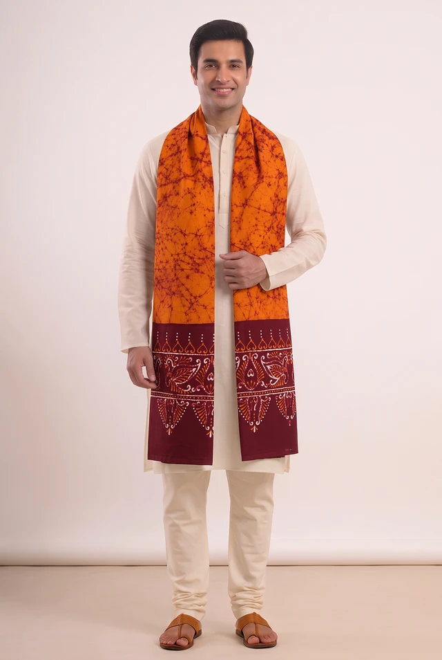 Shantiniketan Hand-Painted Batik Cotton Uttorio – Orange & Maroon