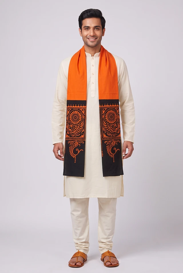 Shantiniketan Plain Batik Cotton Uttorio – Orange & Black